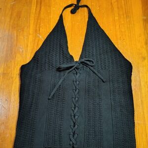 Forever 21 Black Knit Halter Lace Up Crop Top Womens Size XL boho‎ festival goth